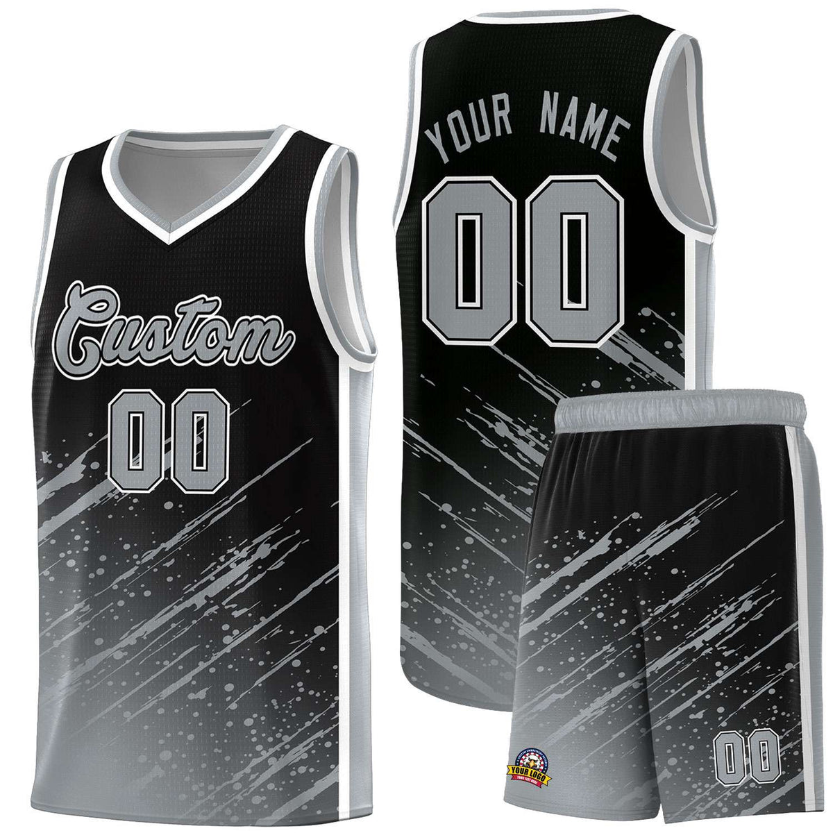 Custom Black Basketball Kits With Gray Paint Graffiti