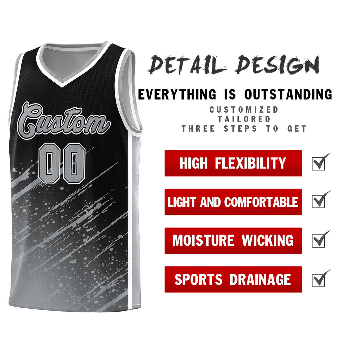 Custom Black Basketball Kits With Gray Paint Graffiti