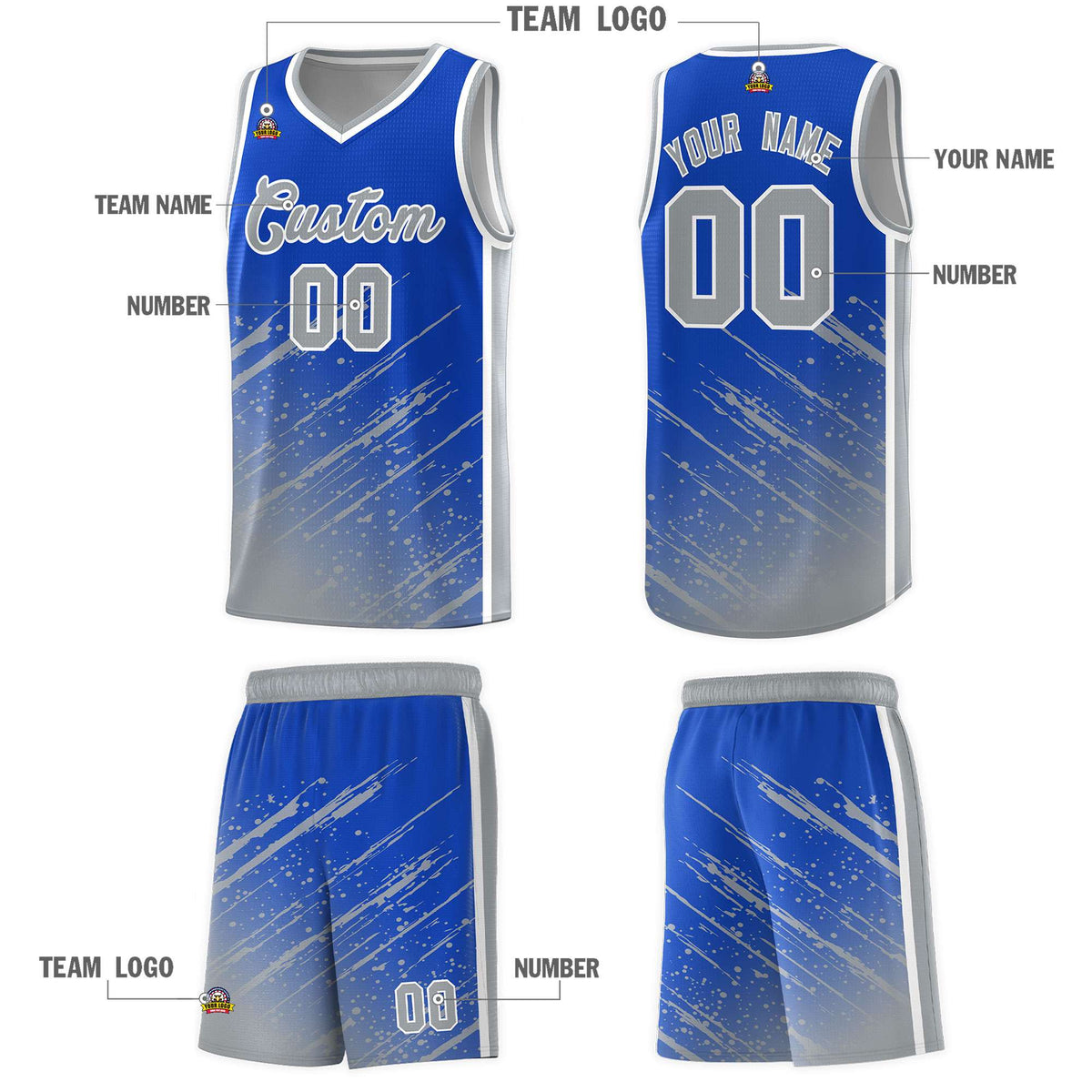 Custom Royal Basketball Kits With Gray Paint Graffiti