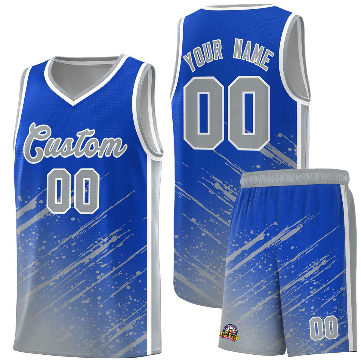 Custom Royal Basketball Kits With Gray Paint Graffiti