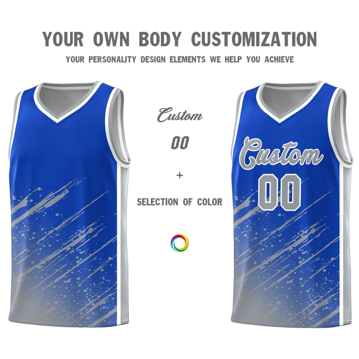 Custom Royal Basketball Kits With Gray Paint Graffiti