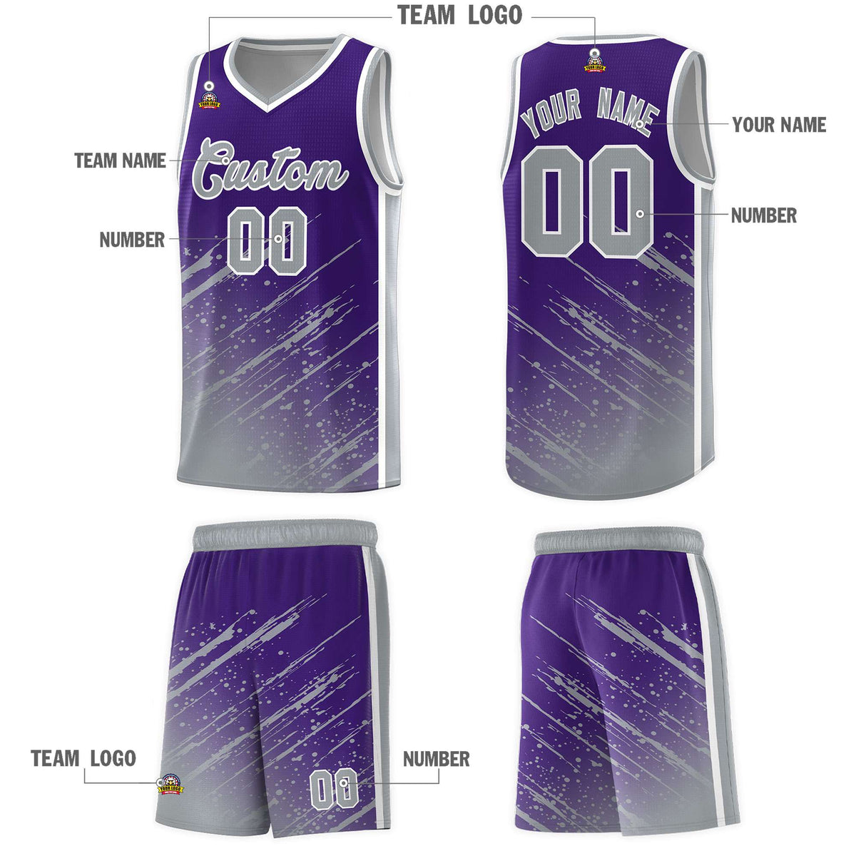 Custom Purple Basketball Kits With Gray Paint Graffiti