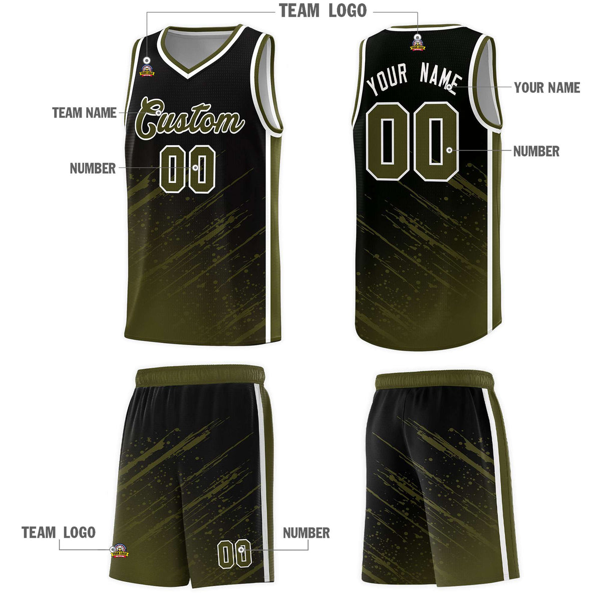 Custom Black Basketball Kits With Olive Paint Graffiti