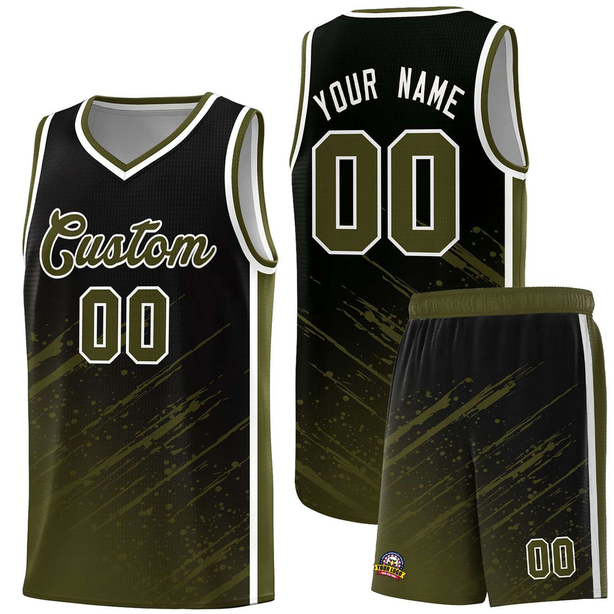 Custom Black Basketball Kits With Olive Paint Graffiti
