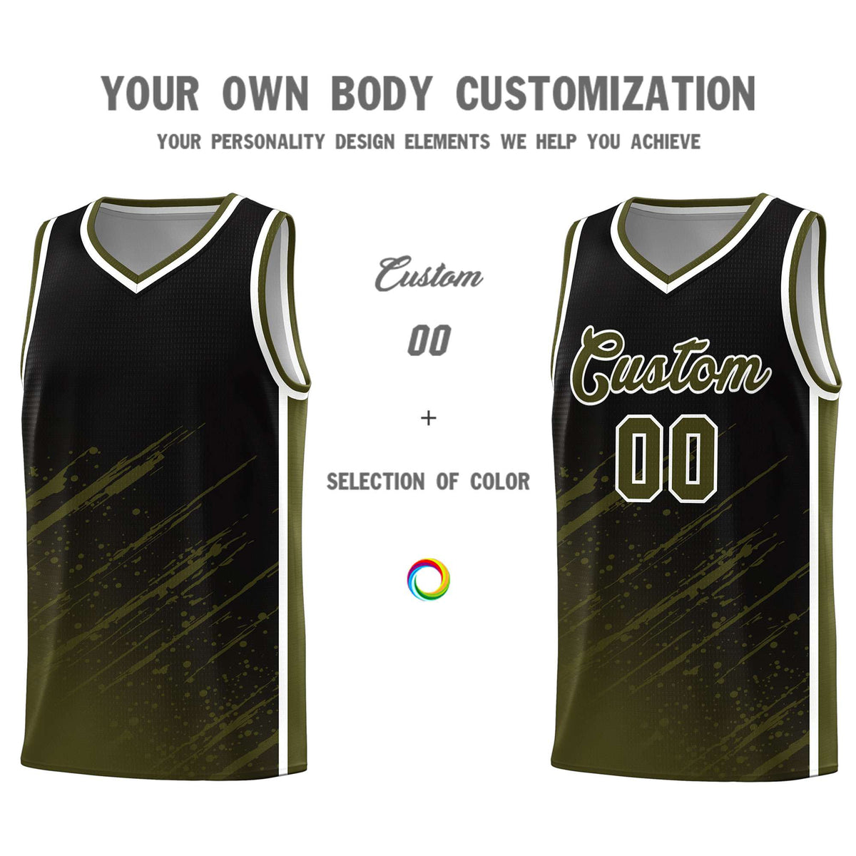 Custom Black Basketball Kits With Olive Paint Graffiti