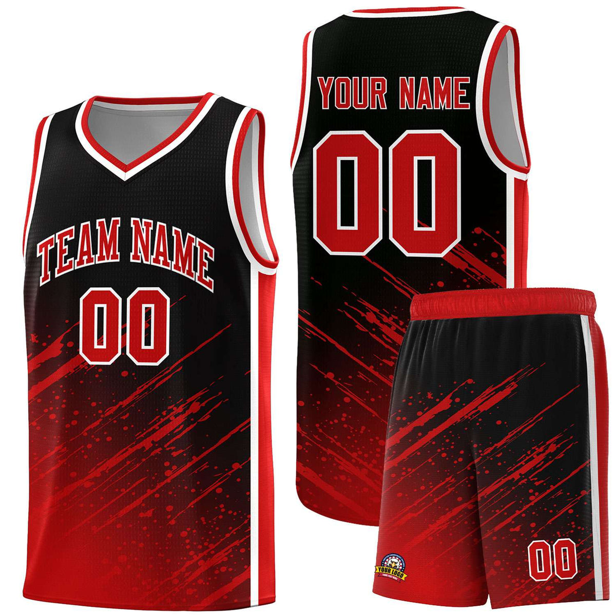 Custom Black Basketball Kits With Red Paint Graffiti