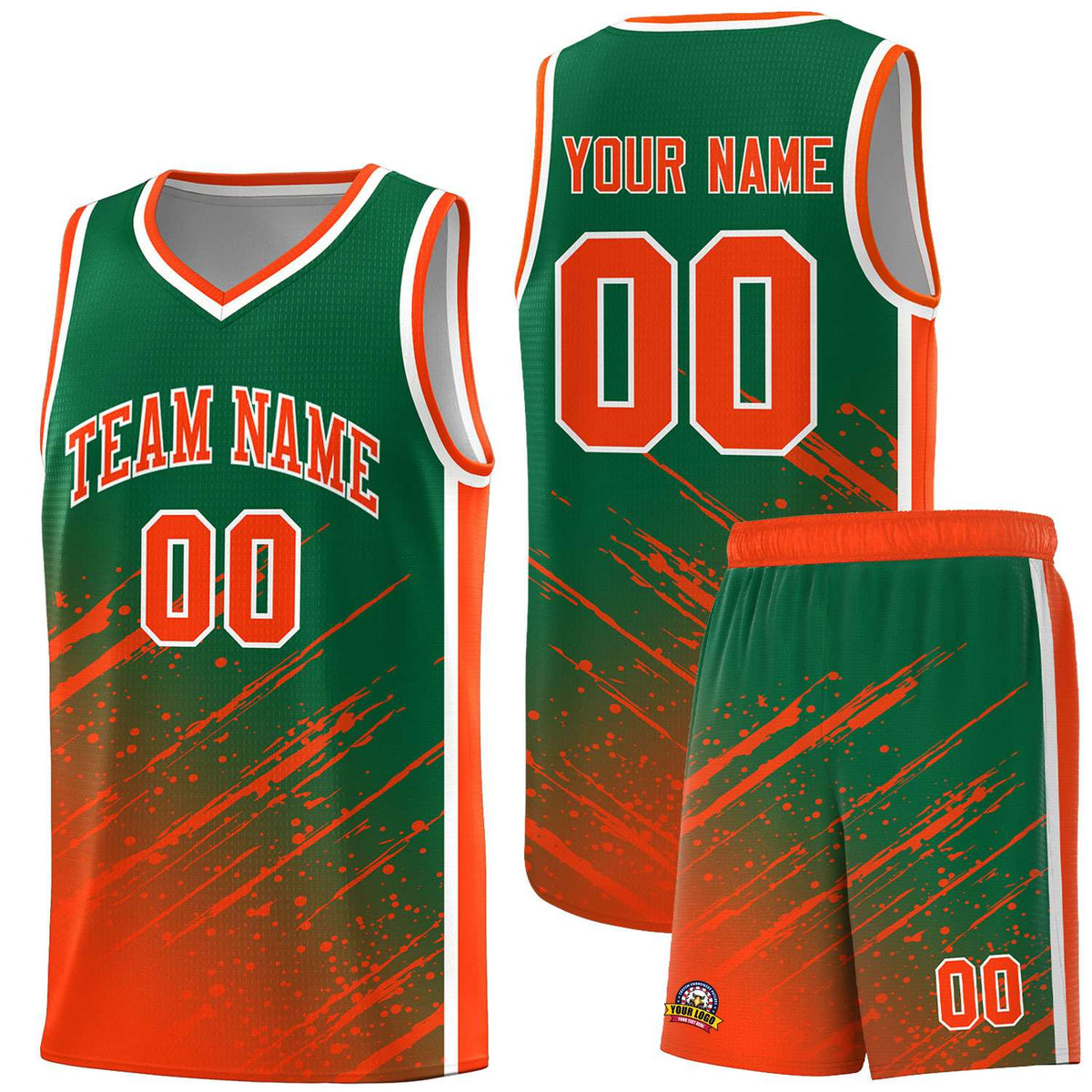 Custom Kelly Green Basketball Kits With Orange Paint Graffiti