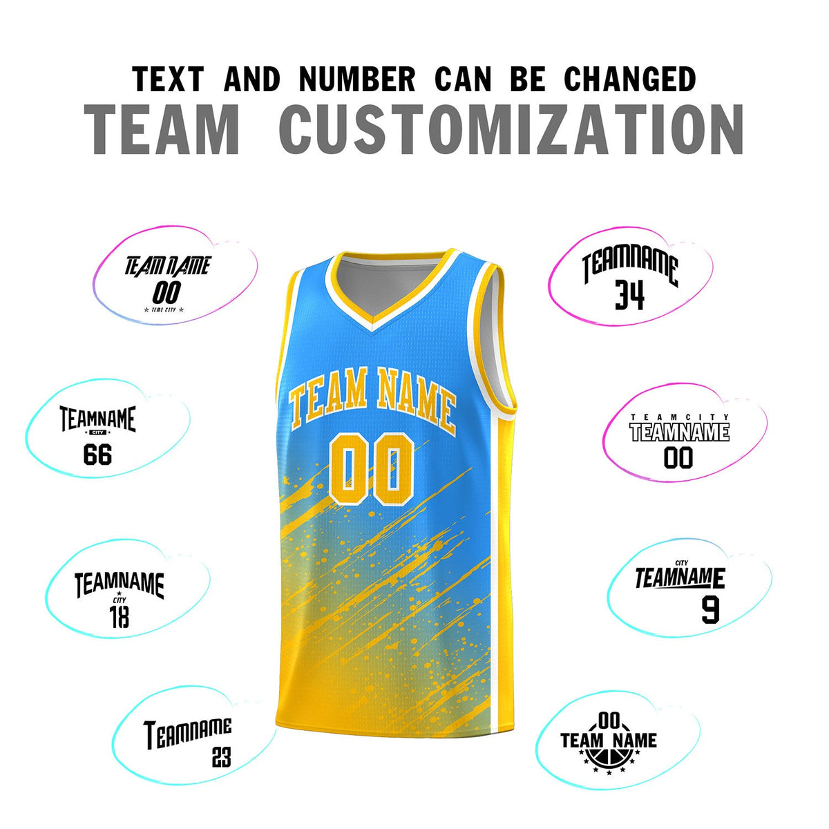 Custom Powder Blue Basketball Kits With Yellow Paint Graffiti
