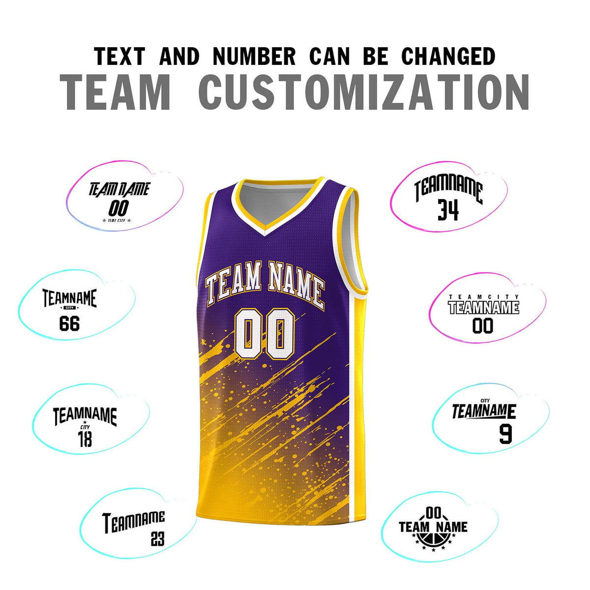 Custom Purple Basketball Kits With Yellow Paint Graffiti