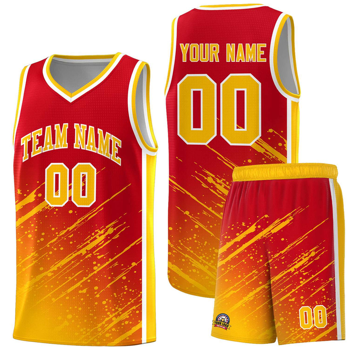 Custom Red Basketball Kits With Yellow Paint Graffiti