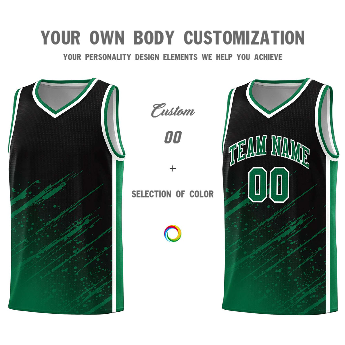 Custom Black Basketball Kits With Kelly Green Paint Graffiti