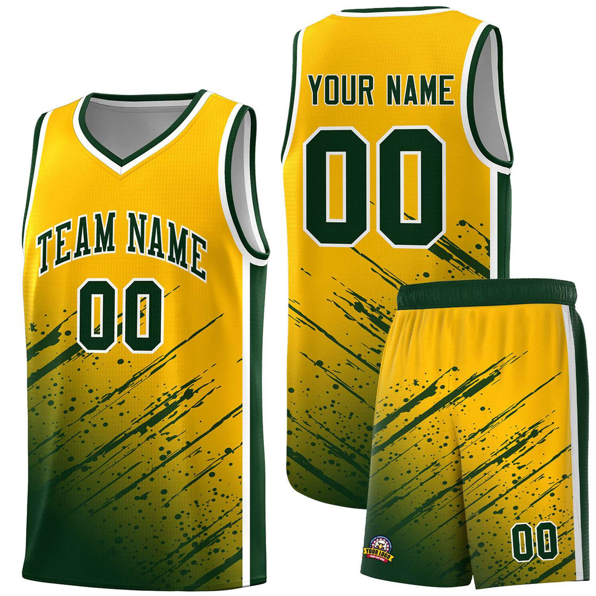 Custom Yellow Basketball Kits With Green Paint Graffiti