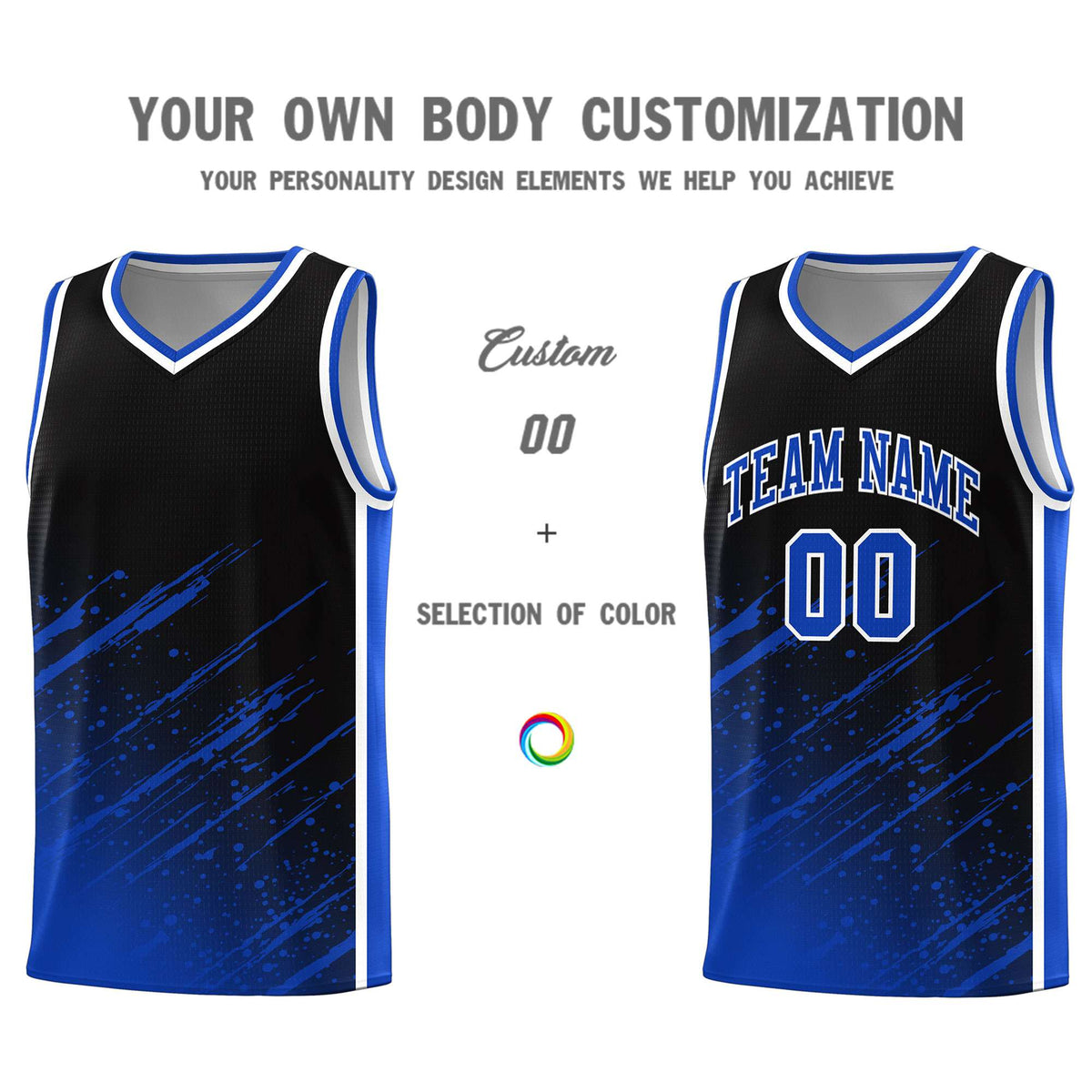 Custom Black Basketball Kits With Royal Paint Graffiti