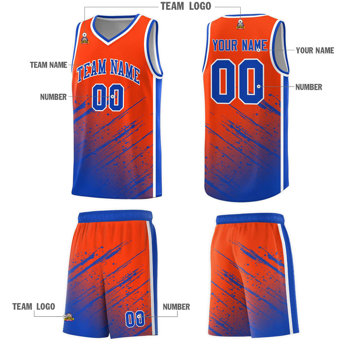 Custom Orange Basketball Kits With Royal Paint Graffiti