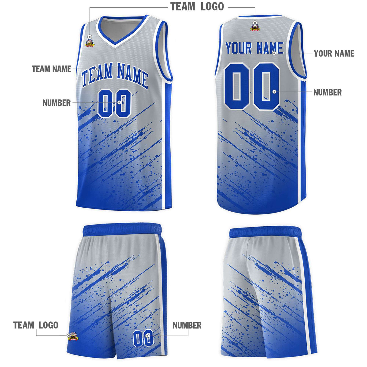 Custom Gray Basketball Kits With Royal Paint Graffiti