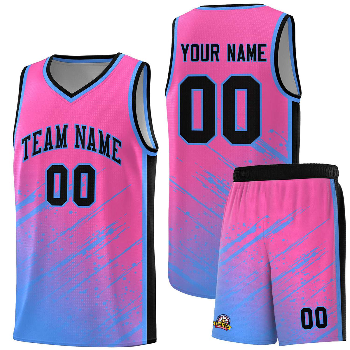 Custom Pink Basketball Kits With Powder Blue Paint Graffiti