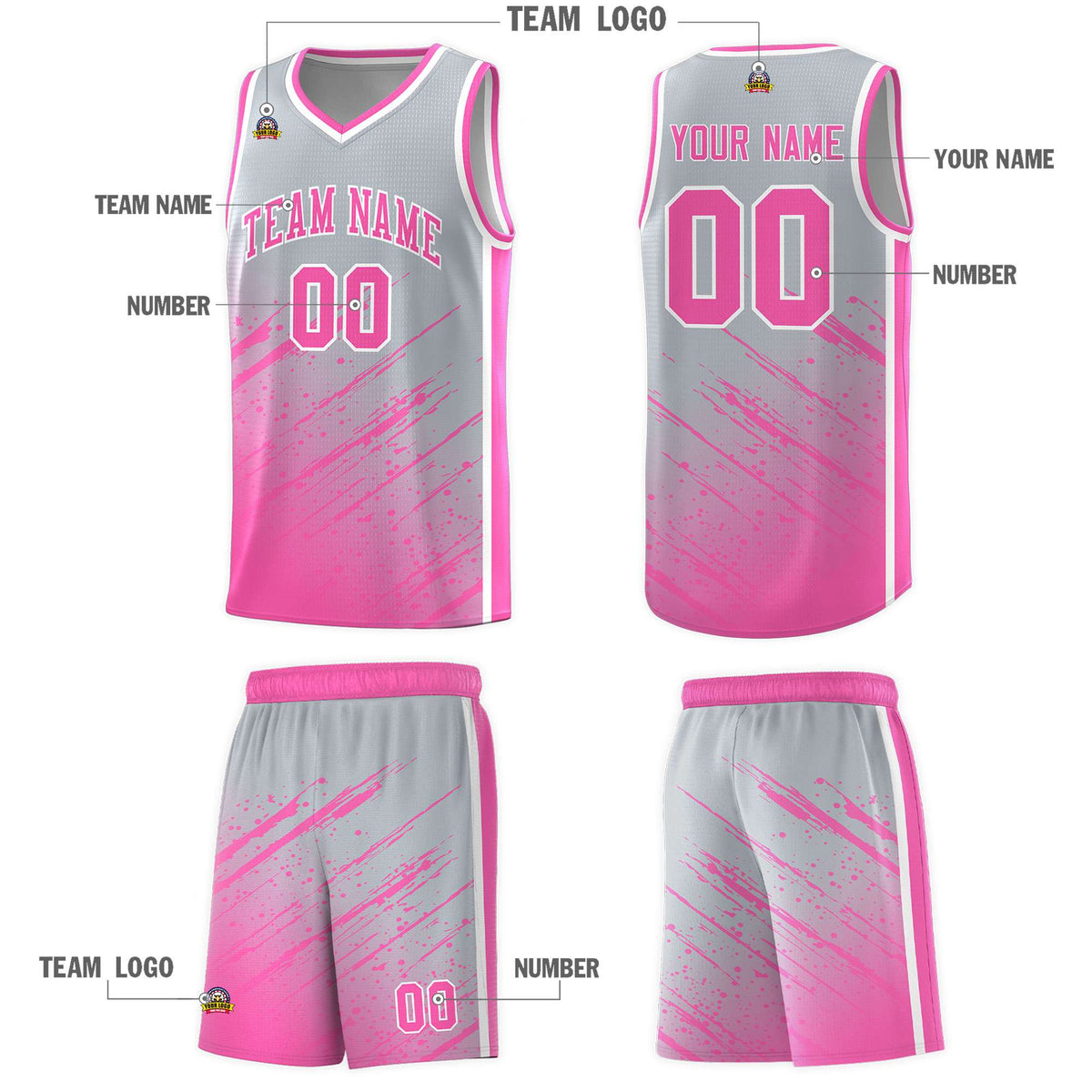 Custom Gray Basketball Kits With Pink Paint Graffiti