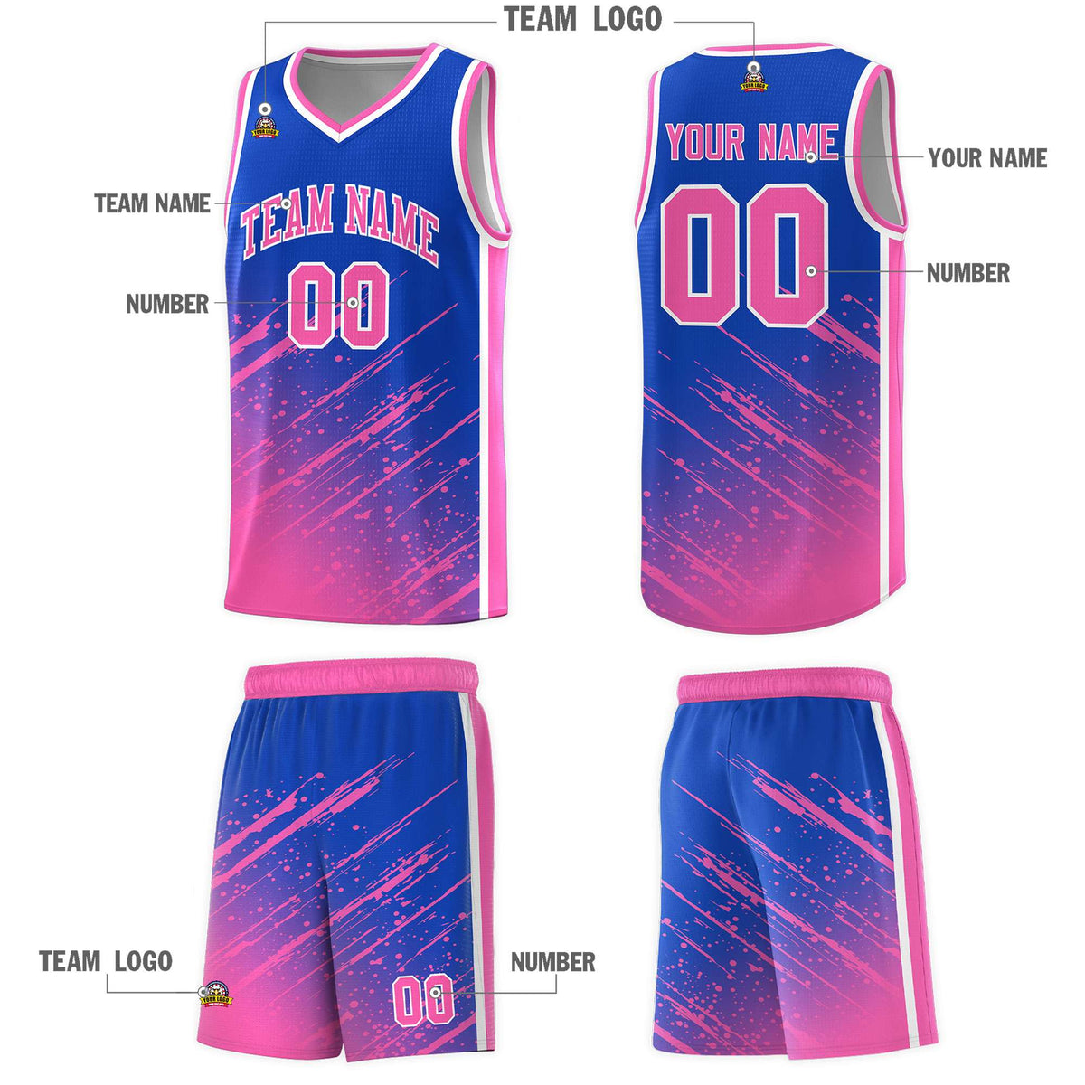 Custom Royal Basketball Kits With Pink Paint Graffiti