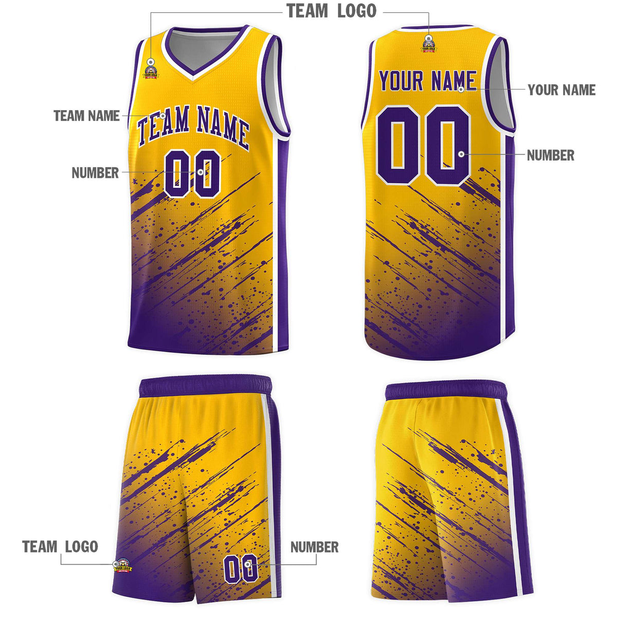 Custom Yellow Basketball Kits With Purple Paint Graffiti