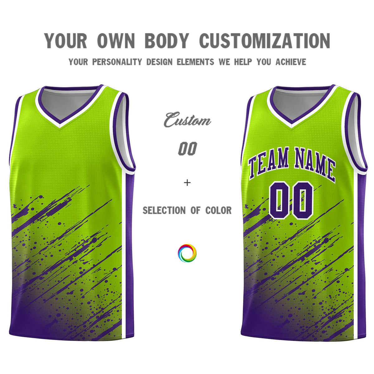 Custom Neon Green Basketball Kits With Purple Paint Graffiti