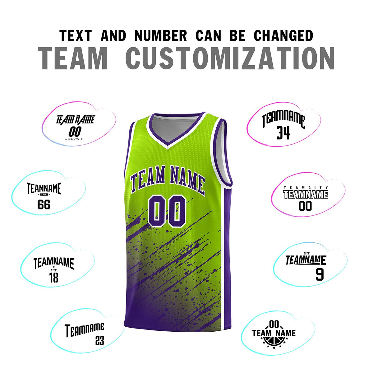 Custom Neon Green Basketball Kits With Purple Paint Graffiti