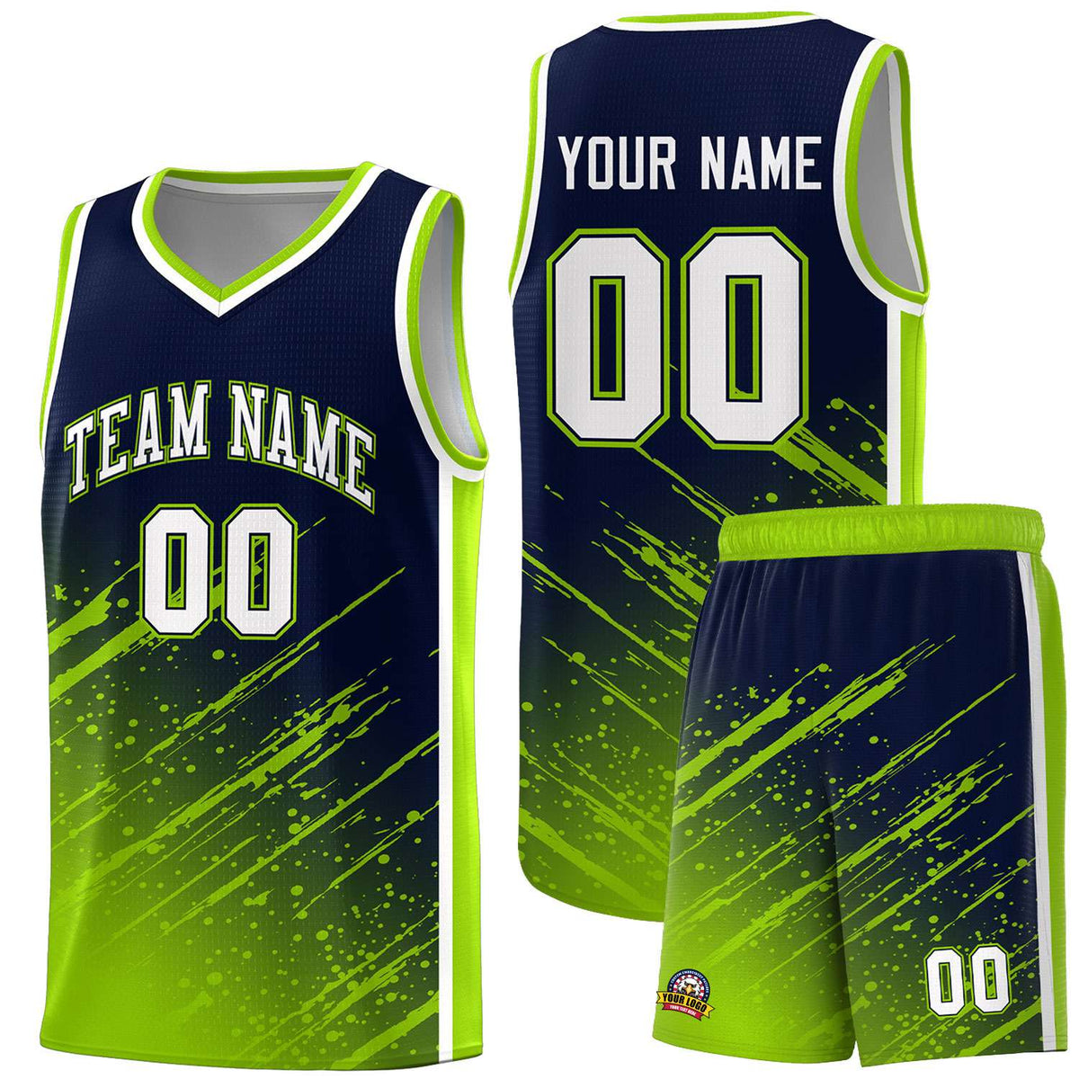 Custom Navy Basketball Kits With Neon Green Paint Graffiti