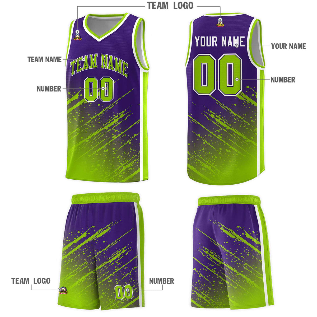 Custom Purple Basketball Kits With Neon Green Paint Graffiti