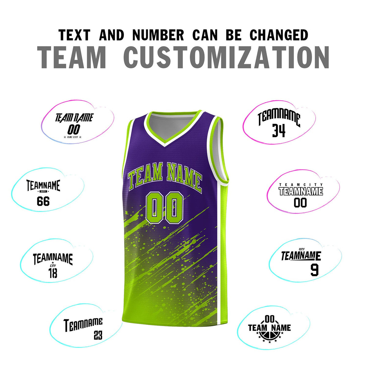 Custom Purple Basketball Kits With Neon Green Paint Graffiti
