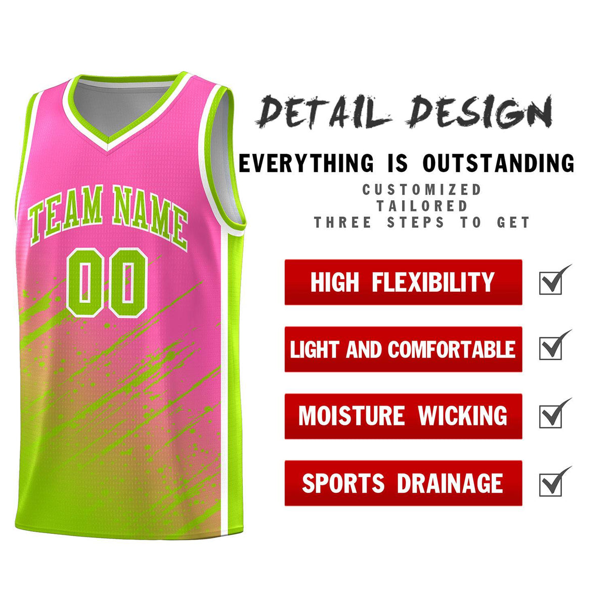 Custom Pink Basketball Kits With Neon Green Paint Graffiti