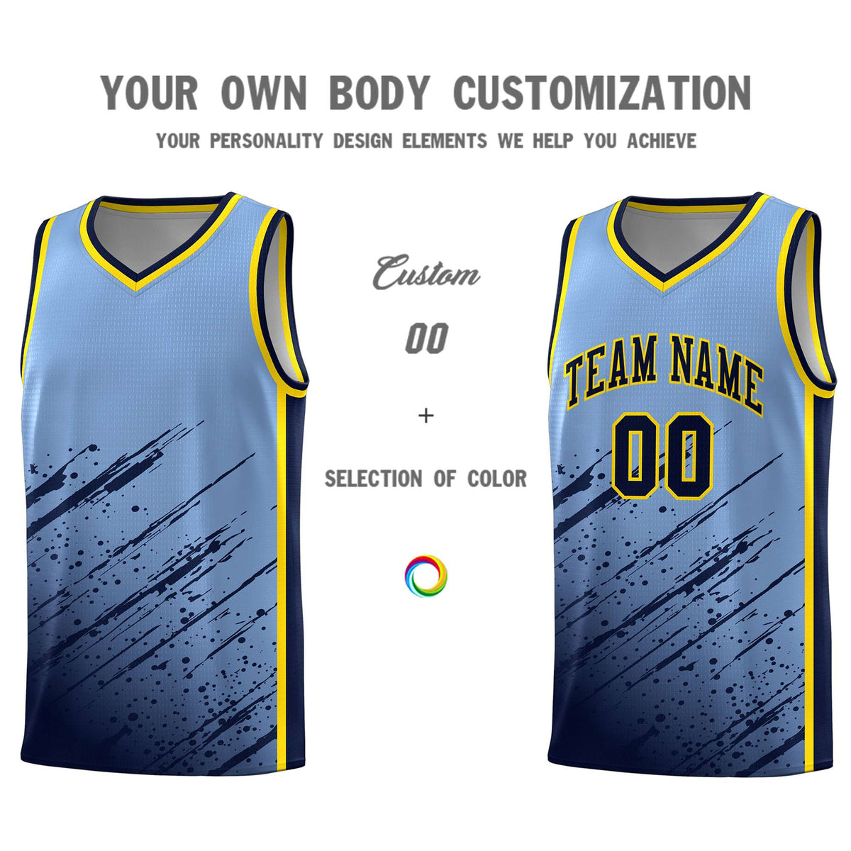 Custom Light Blue Basketball Kits With Navy Paint Graffiti