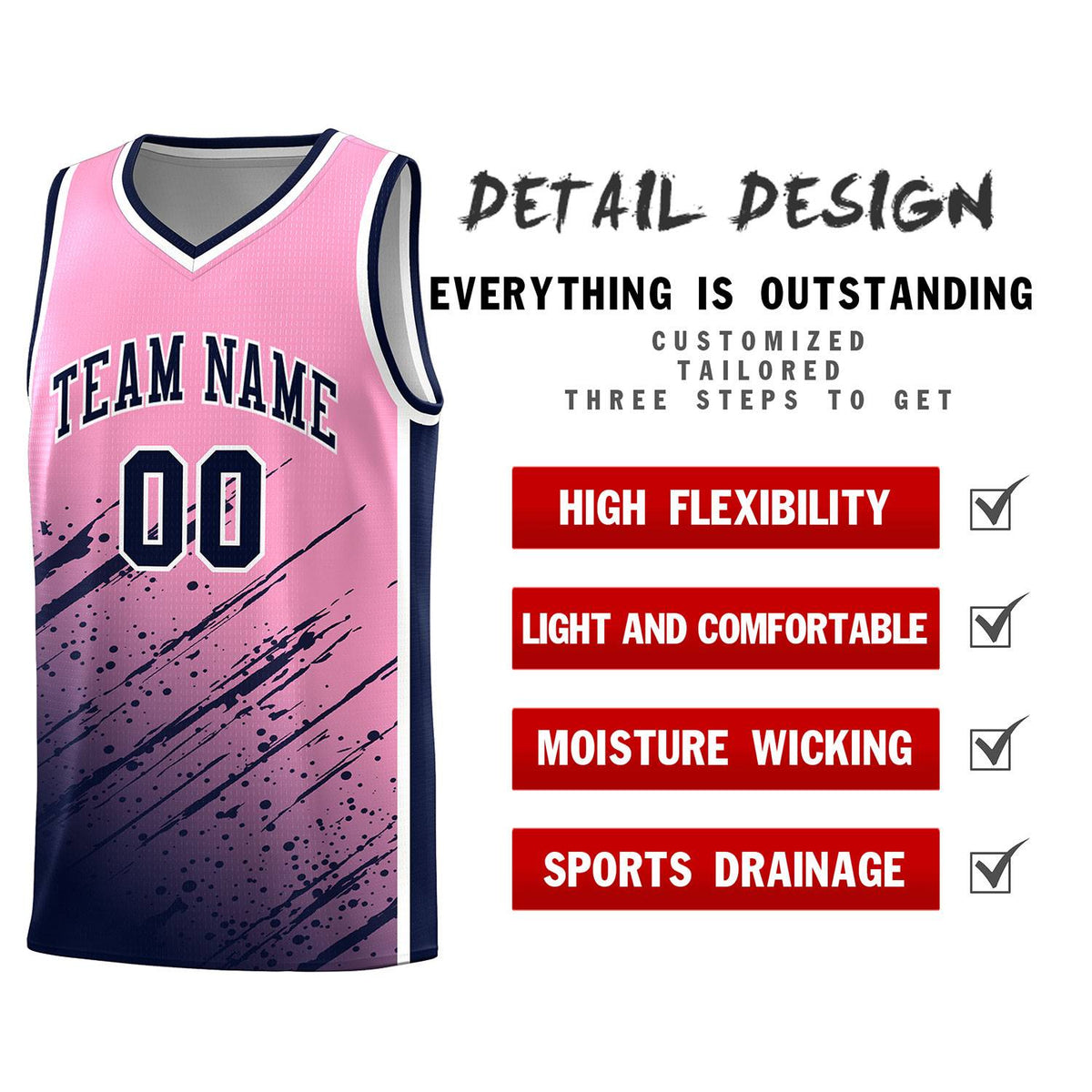 Custom Light Pink Basketball Kits With Navy Paint Graffiti