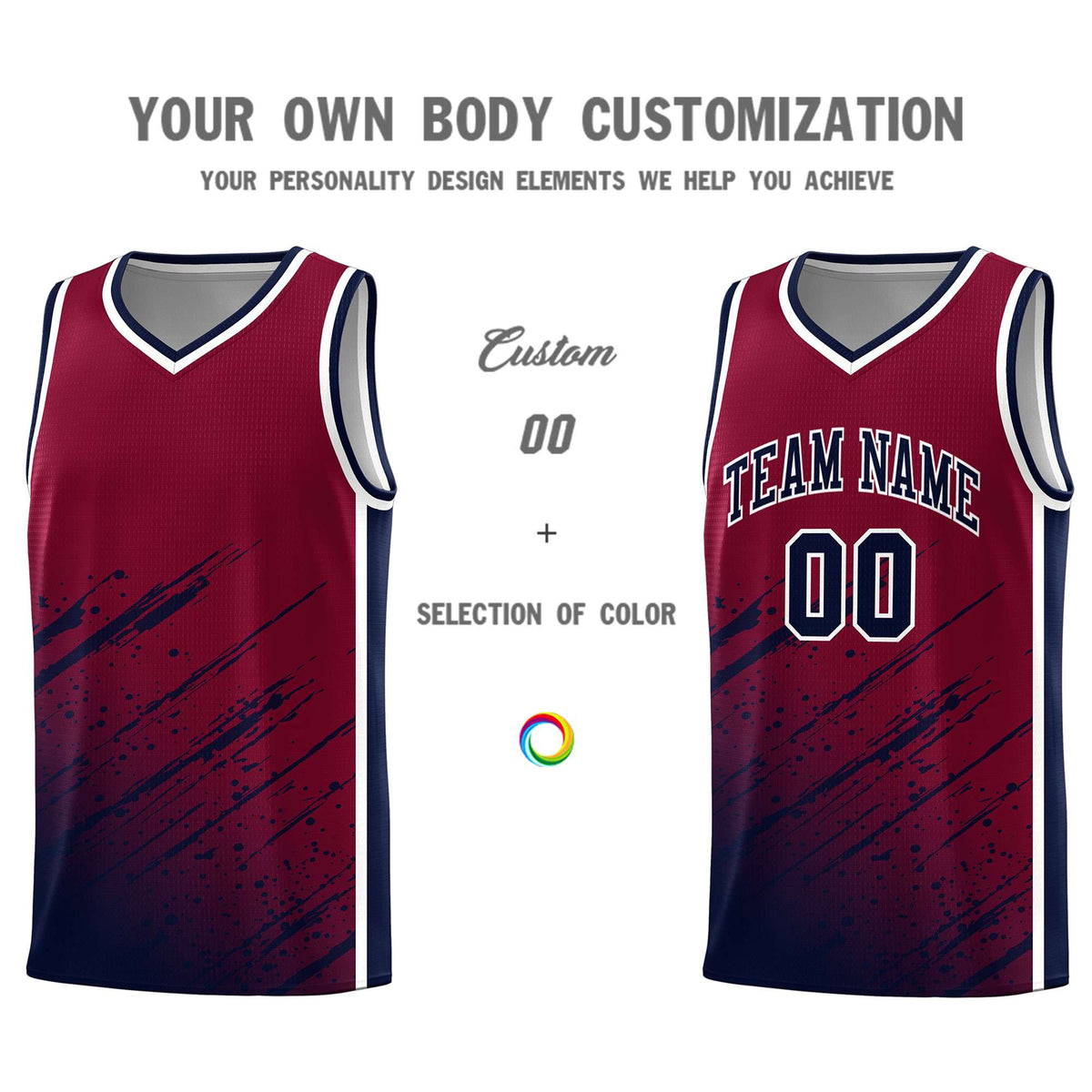 Custom Crimson Basketball Kits With Navy Paint Graffiti
