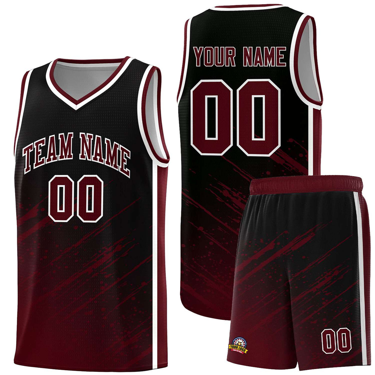 Custom Black Basketball Kits With Crimson Paint Graffiti