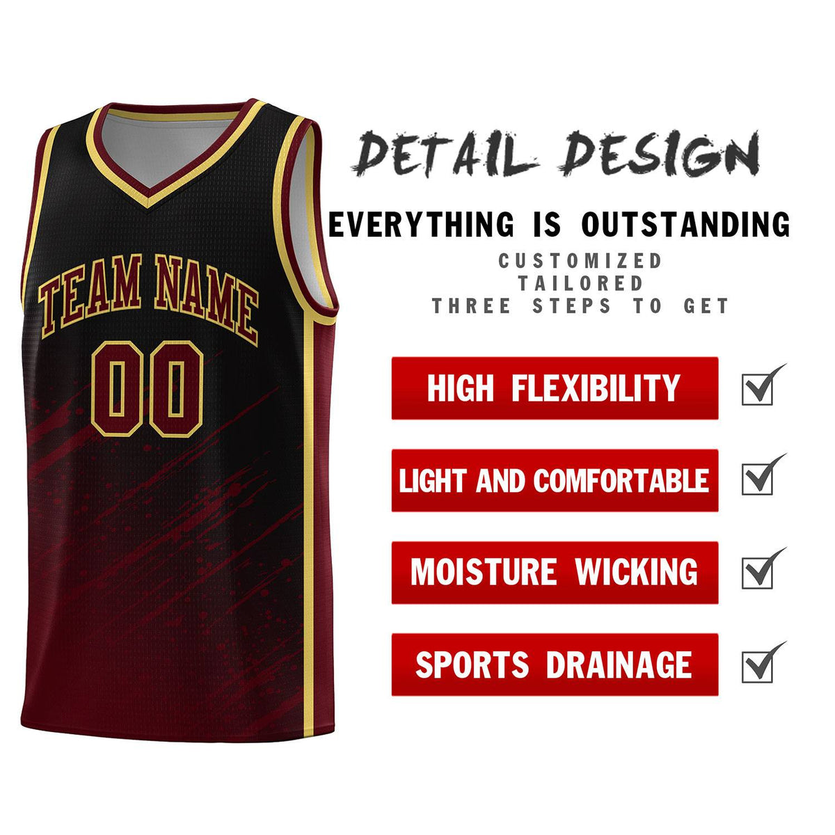 Custom Black Basketball Kits With Crimson Paint Graffiti