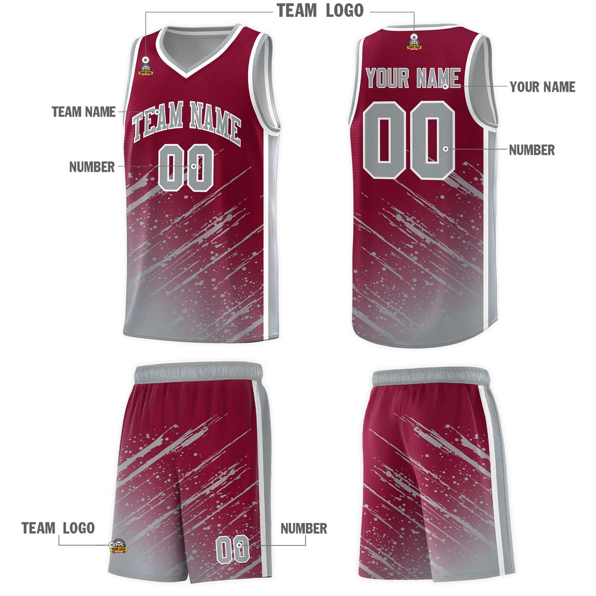 Custom Crimson Basketball Kits With Gray Paint Graffiti
