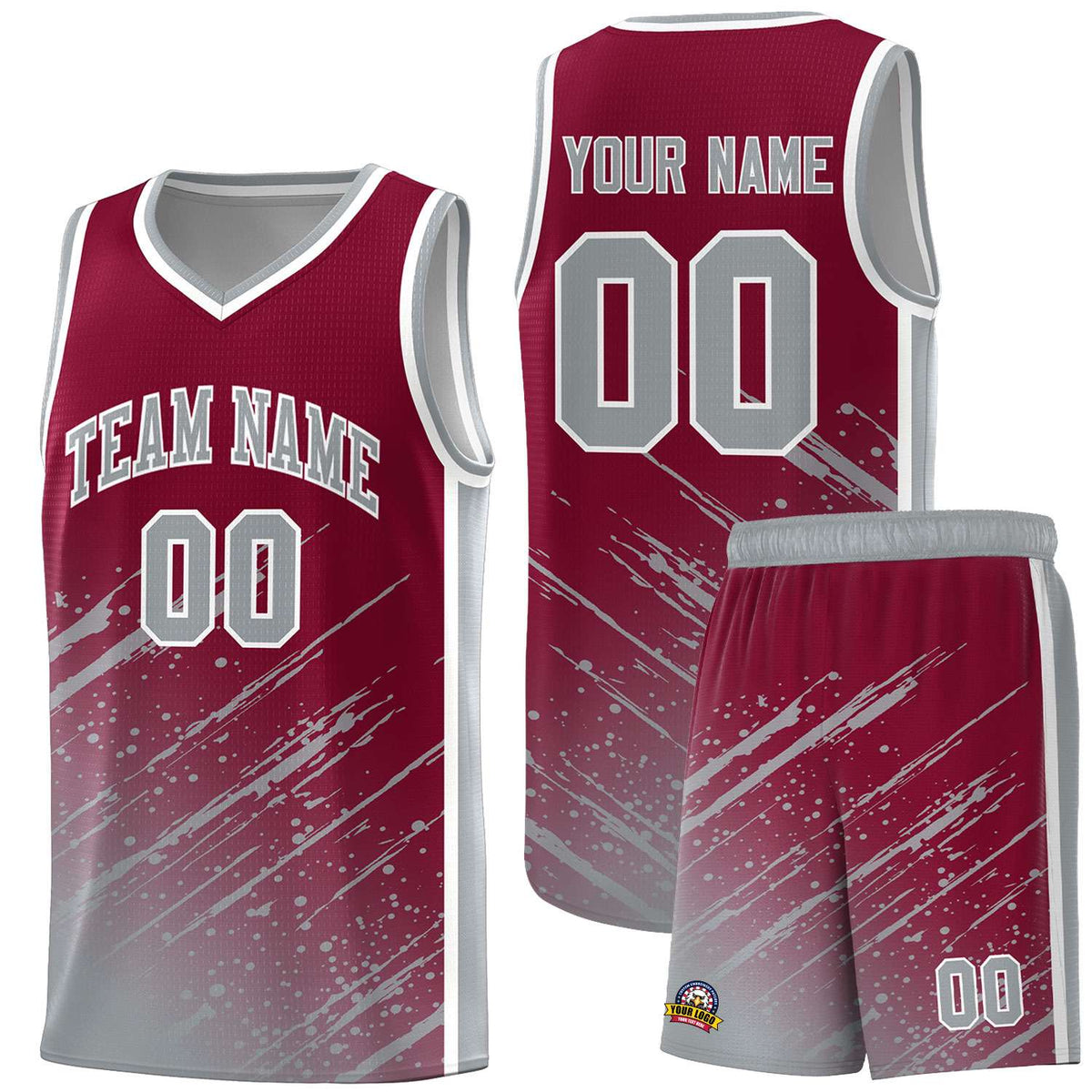 Custom Crimson Basketball Kits With Gray Paint Graffiti