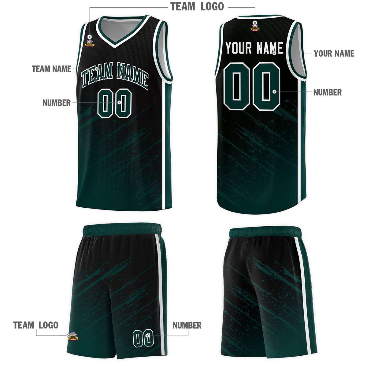 Custom Black Basketball Kits With Midnight Green Paint Graffiti