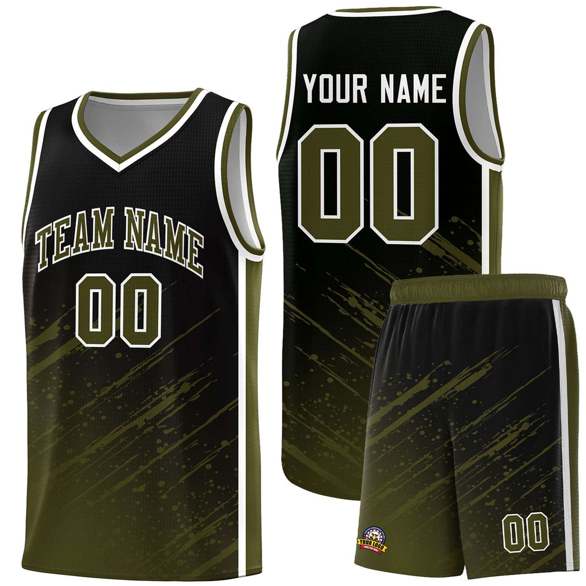 Custom Black Basketball Kits With Olive Paint Graffiti