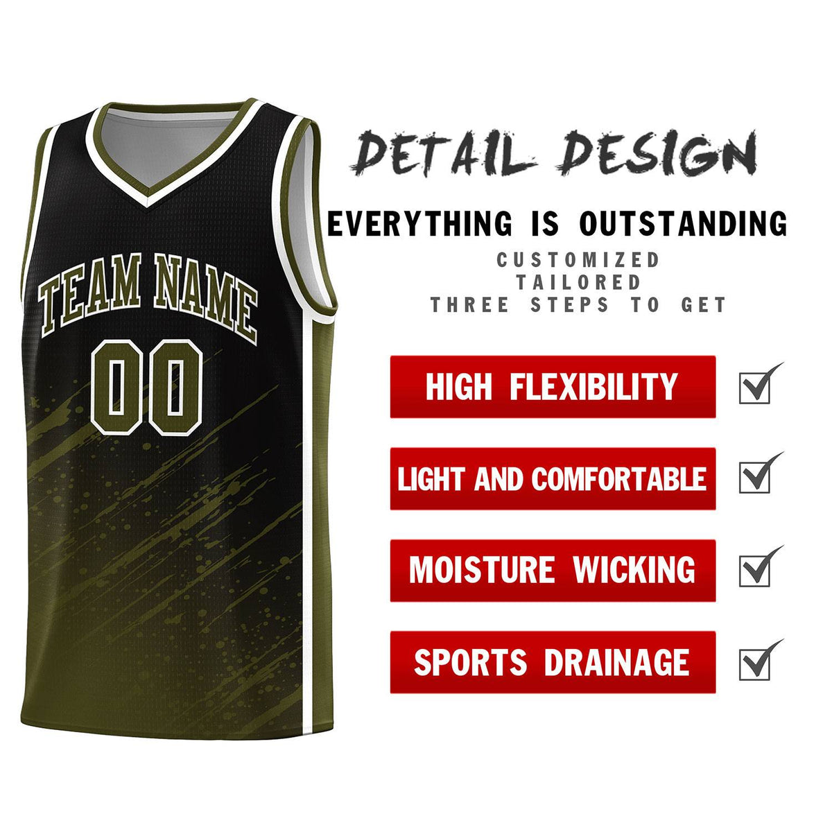 Custom Black Basketball Kits With Olive Paint Graffiti