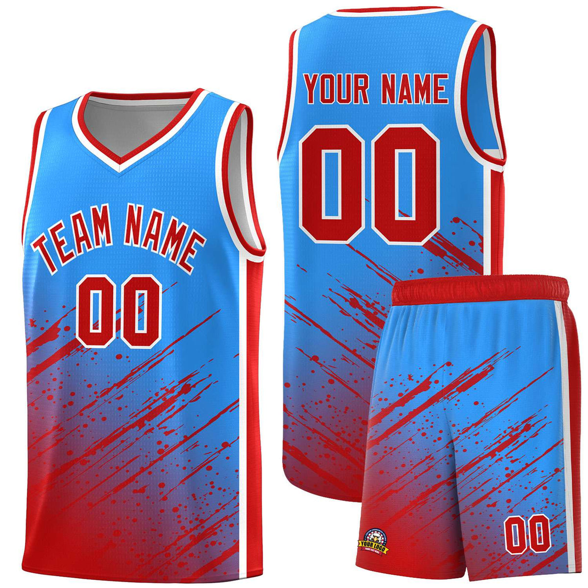 Custom Powder Blue Basketball Kits With Red Paint Graffiti