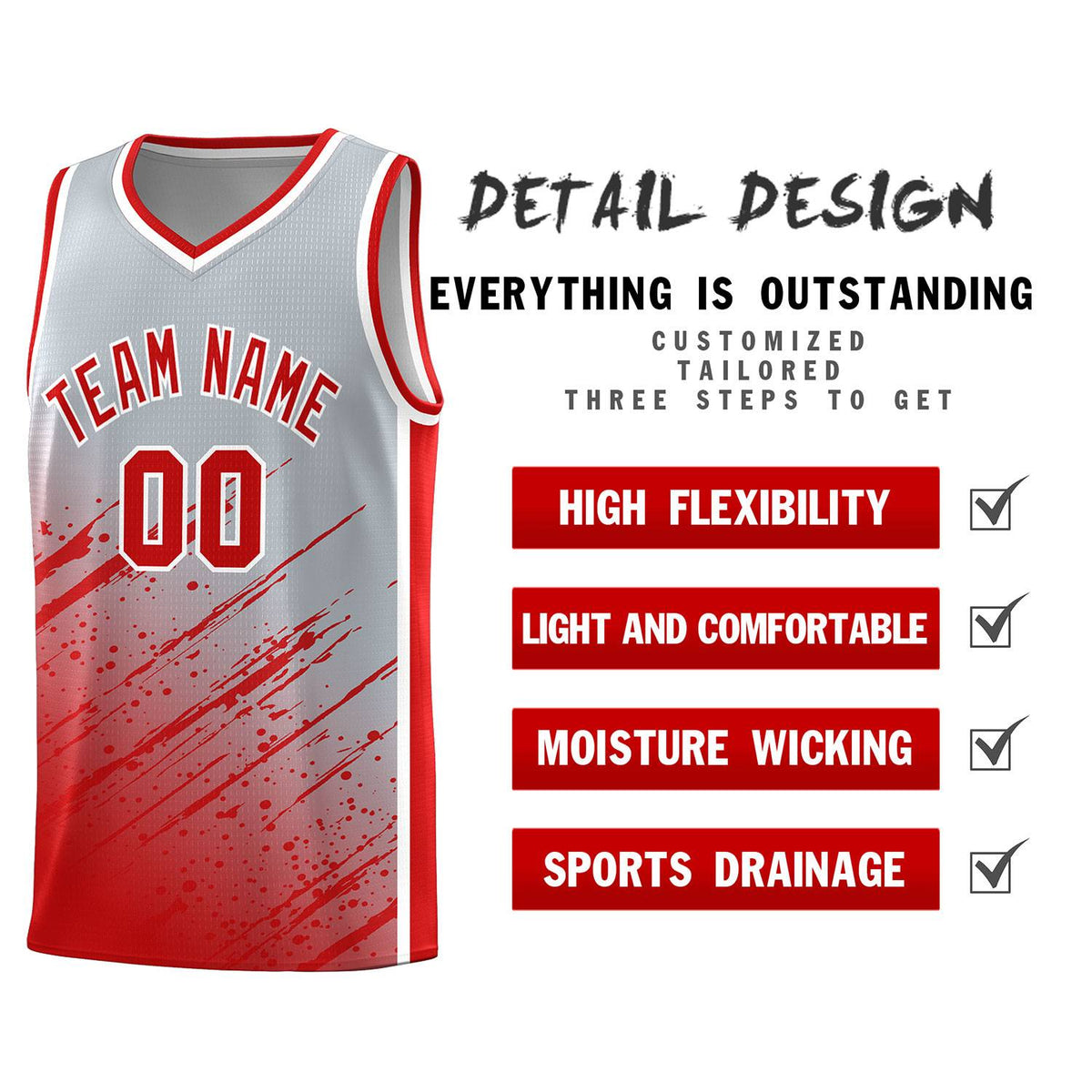 Custom Gray Basketball Kits With Red Paint Graffiti
