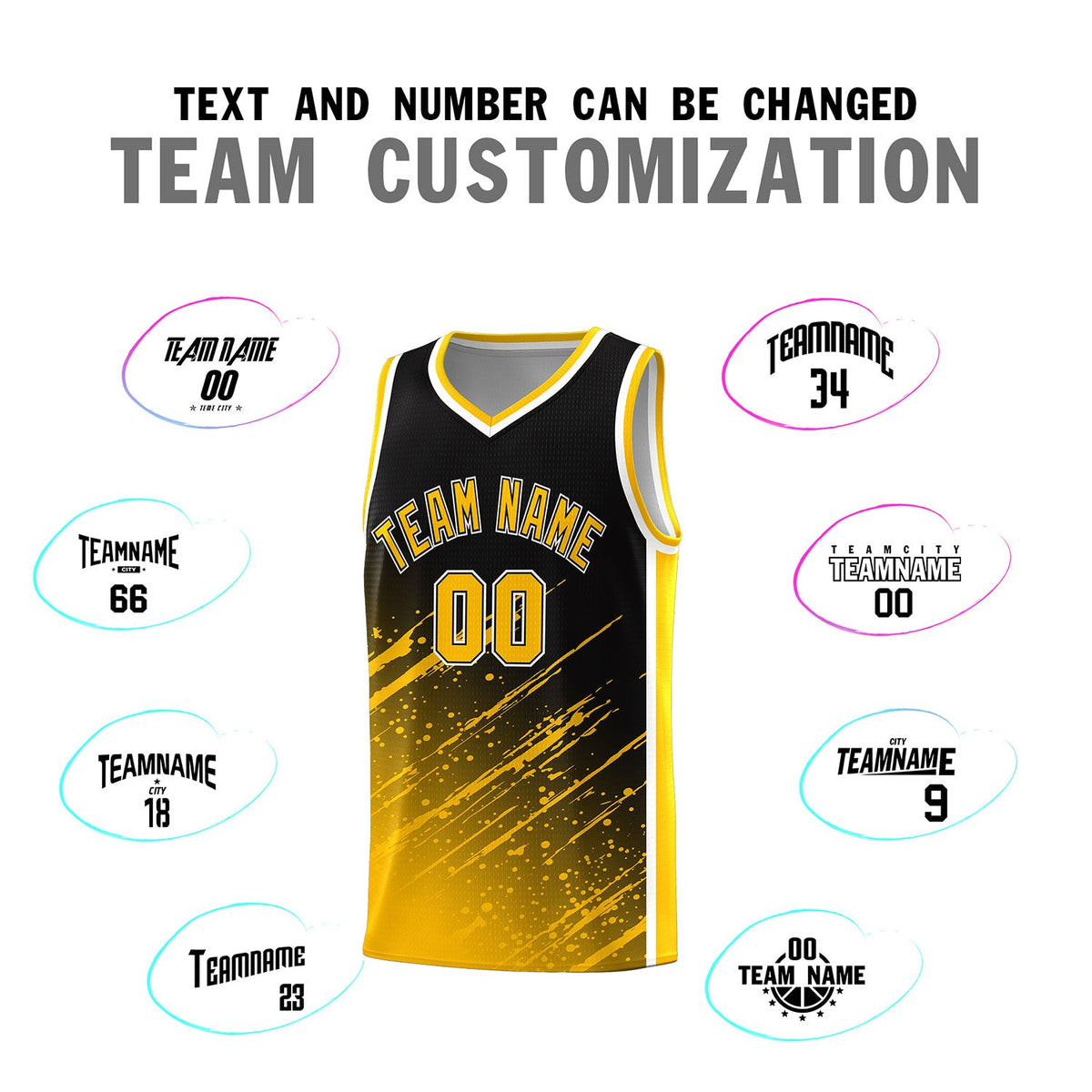 Custom Black Basketball Kits With Yellow Paint Graffiti