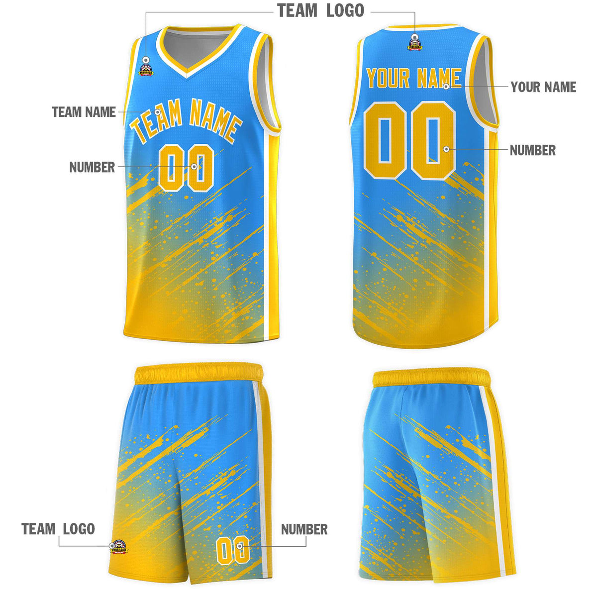 Custom Powder Blue Basketball Kits With Yellow Paint Graffiti