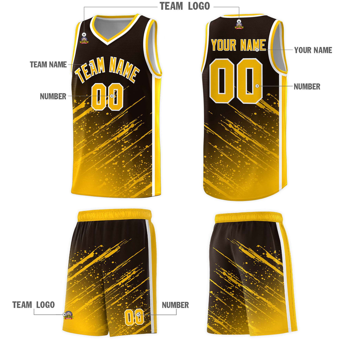Custom Brown Basketball Kits With Yellow Paint Graffiti
