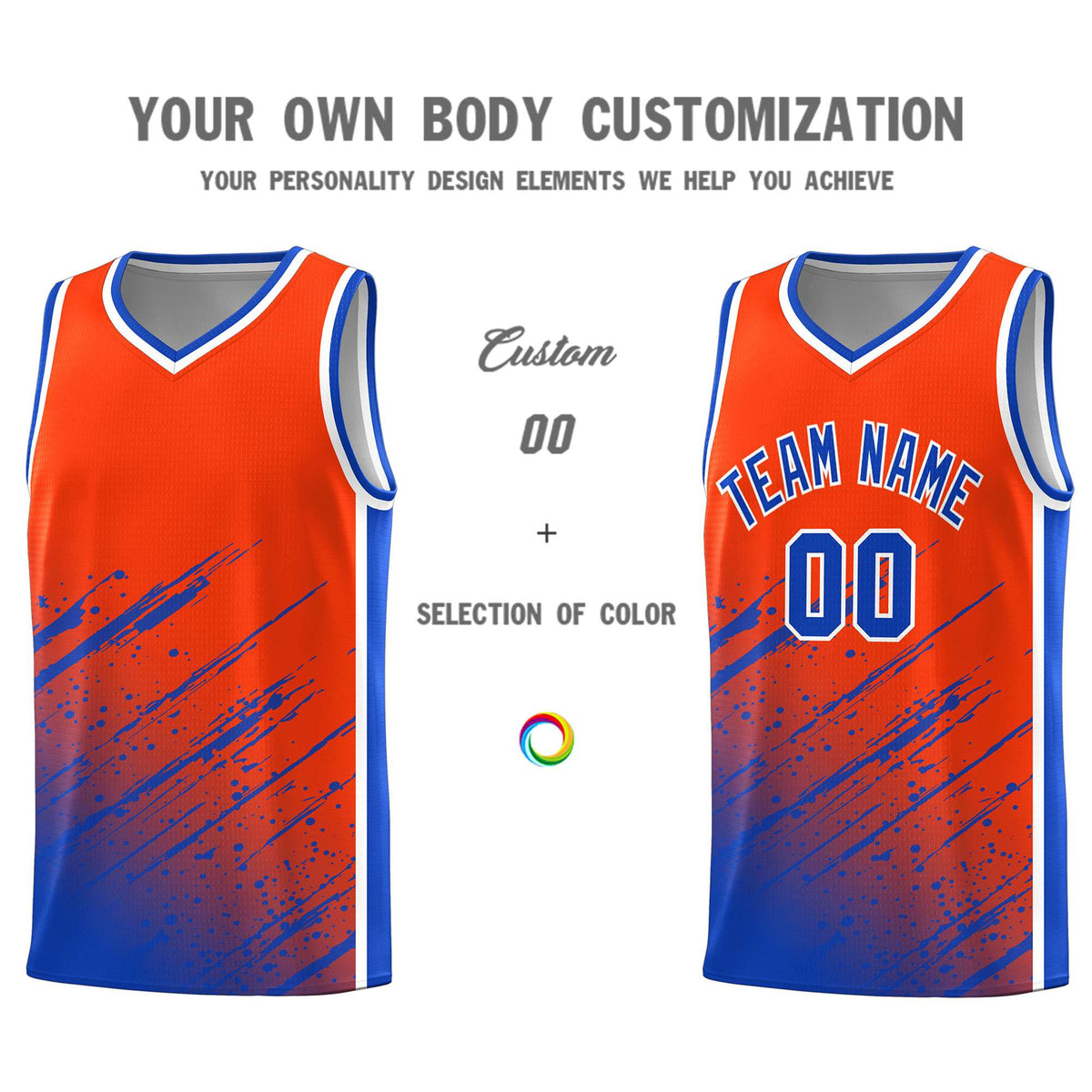 Custom Orange Basketball Kits With Royal Paint Graffiti