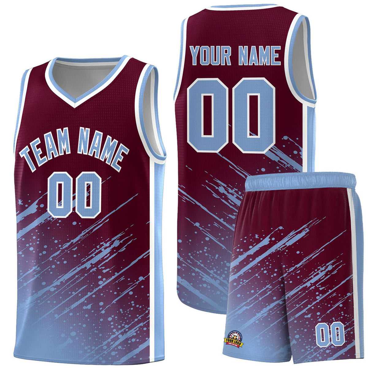 Custom Crimson Basketball Kits With Light Blue Paint Graffiti