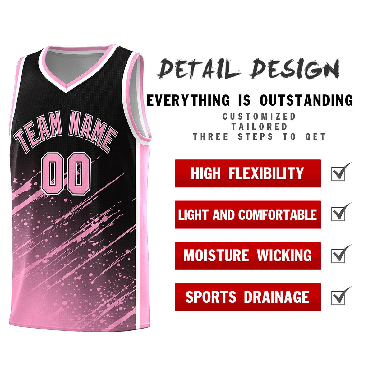 Custom Black Basketball Kits With Light Pink Paint Graffiti