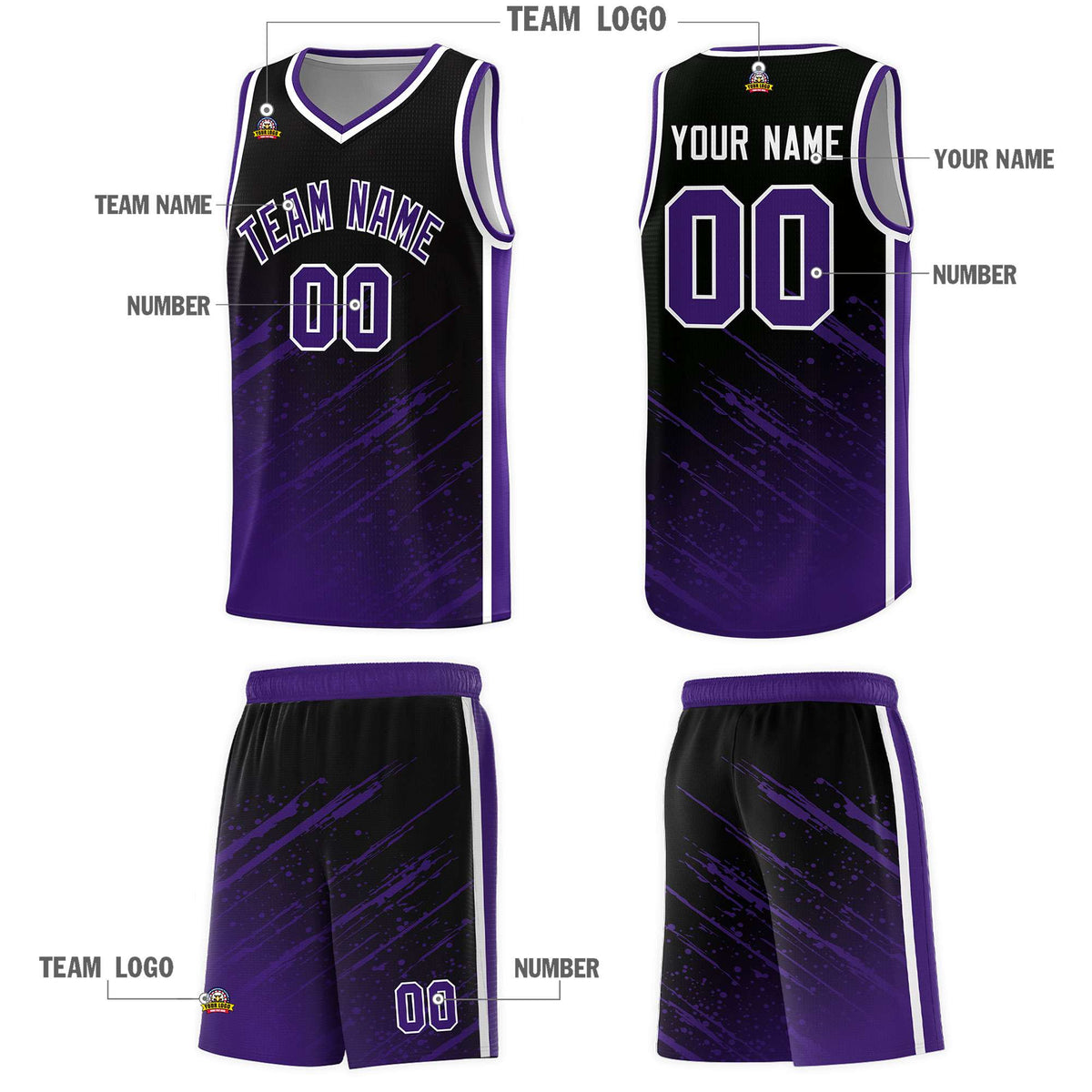 Custom Black Basketball Kits With Purple Paint Graffiti