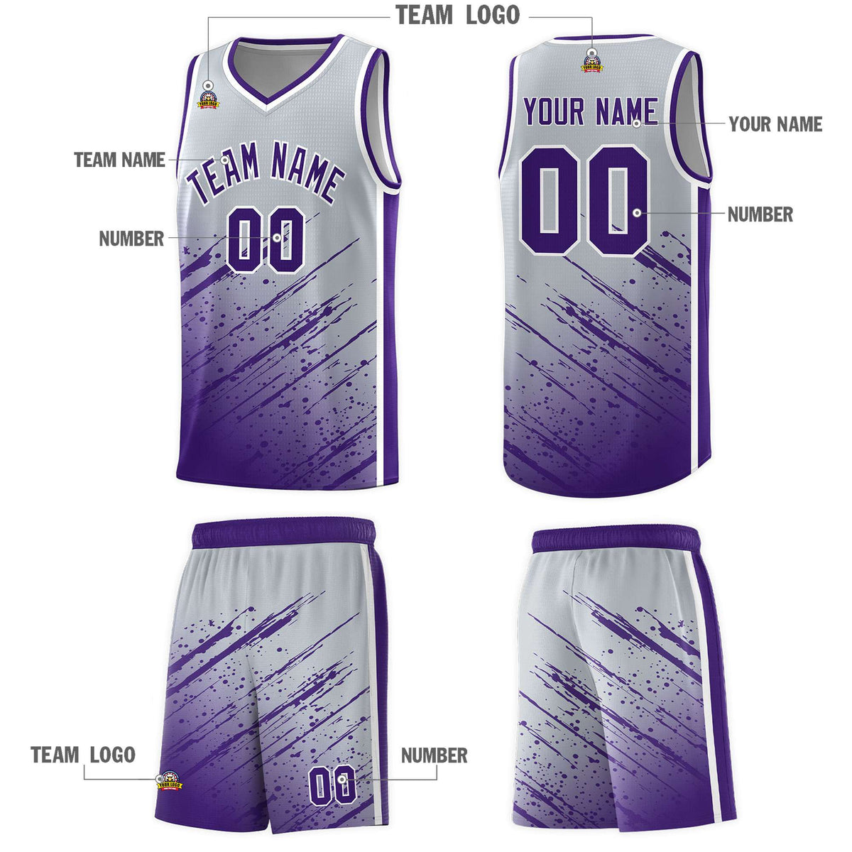Custom Gray Basketball Kits With Purple Paint Graffiti