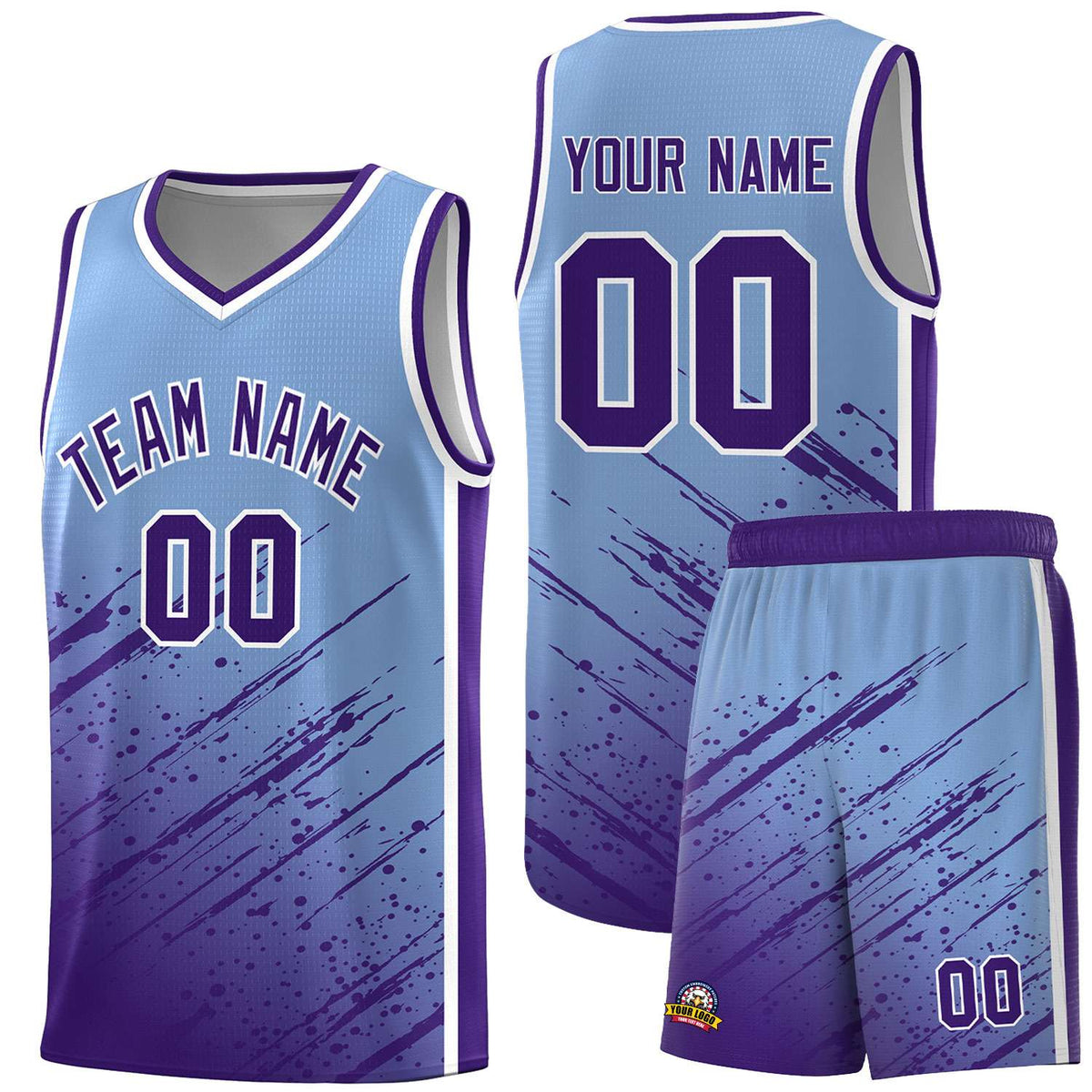 Custom Light Blue Basketball Kits With Purple Paint Graffiti